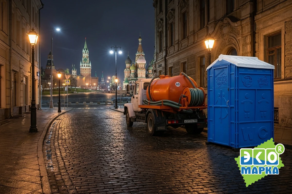 Ночная откачка туалетной кабины ассенизатором на пустой улице в центре столицы