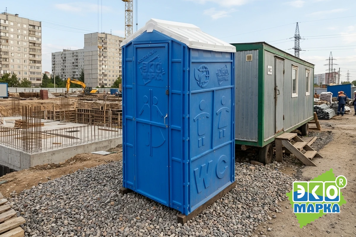 Туалетная кабина на ровной щебневой подушке возле строительной бытовки