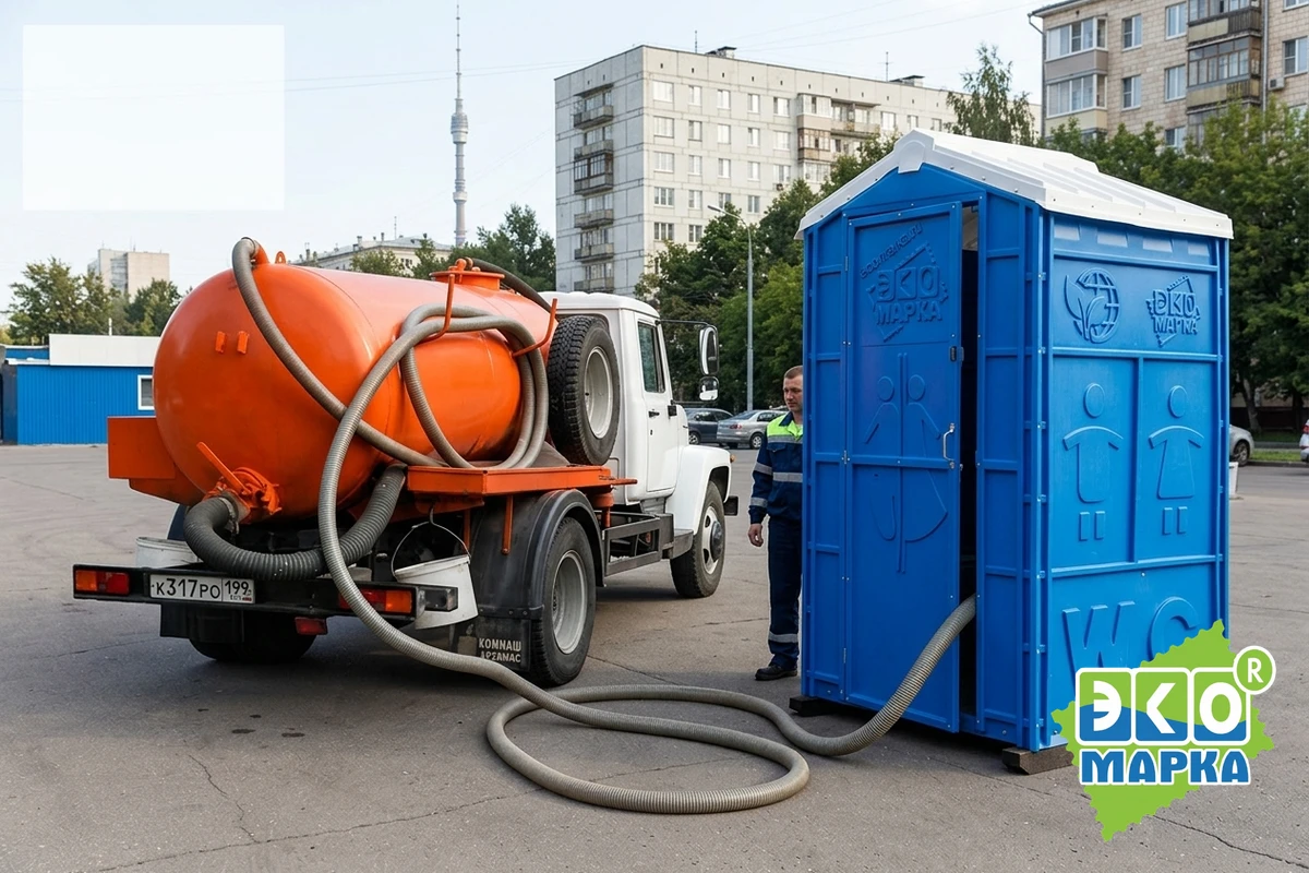 Ассенизаторская машина у мобильной туалетной кабины на московской площадке